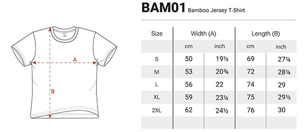 Bambus-T-Shirt Bamboo B01 Größentabelle