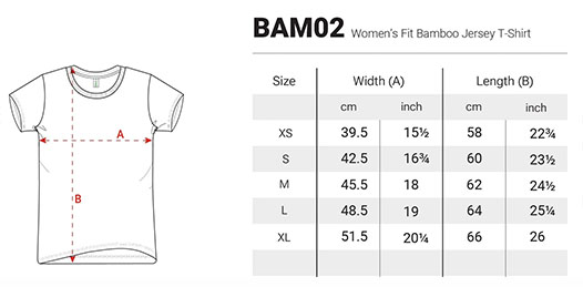 Bambus-T-Shirt Bamboo B01 Größentabelle